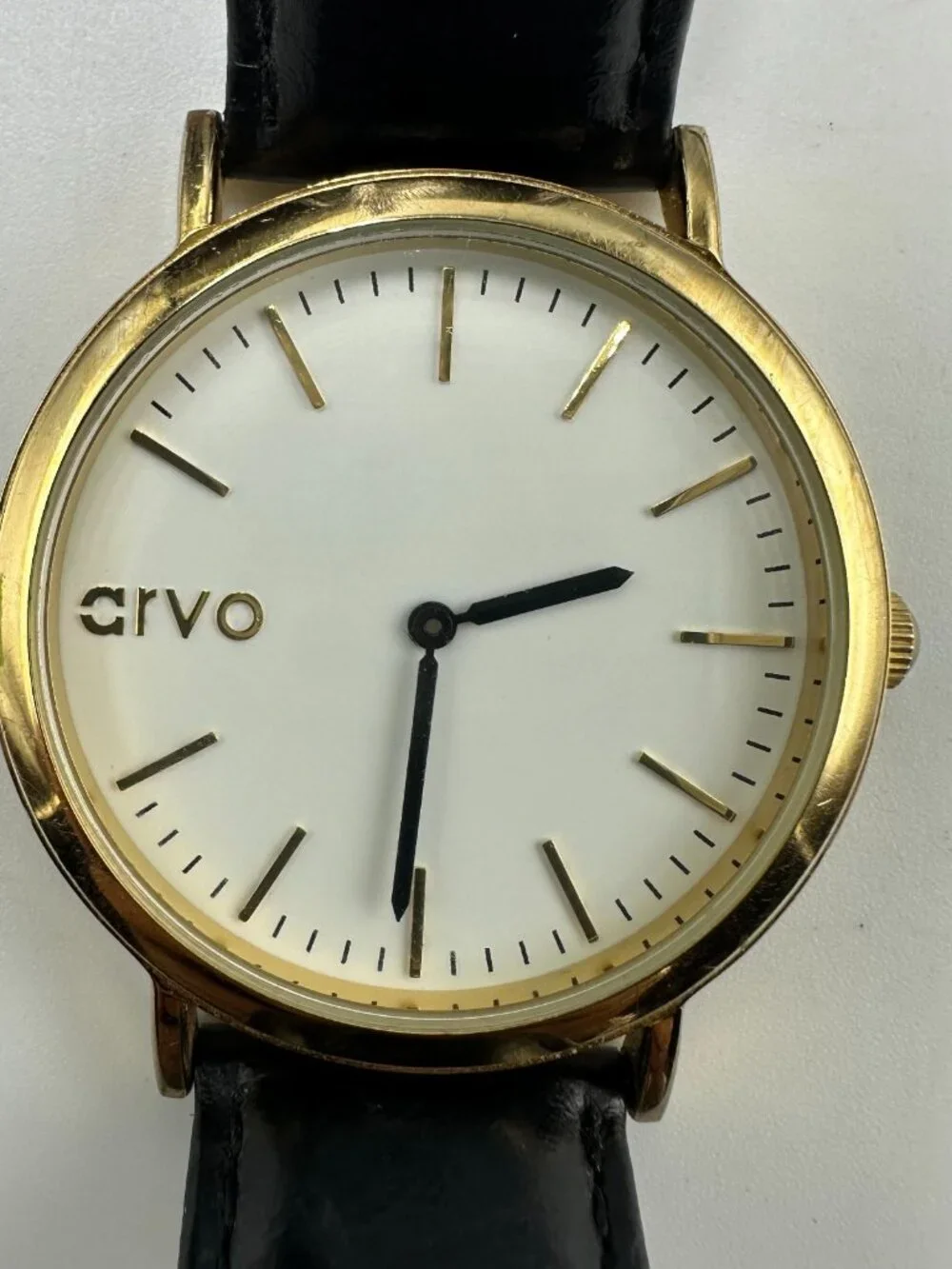 Arvo Time Sawyer Watch Men Gold Tone Black Leather Band New Battery 9 Inch